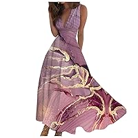 2024 Floral Print Boho Dress Womens Maxi Outdoor V Neck Weekend Sleeveless Women's Summer Trendy Swing Long Dress