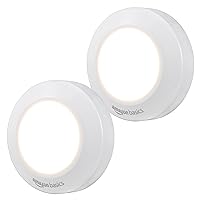 Amazon Basics LED Puck Lights, Battery Operated, 50 Lumens 2 Pack, Tap Light, Stick on Lights, Under Cabinet Lighting, Ideal for Kitchen Cabinets, Closets, Garage and More, White