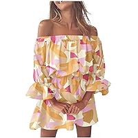Women's Off Shoulder Dresses 2024 Summer Boho Long Sleeve Ruffles Floral Tunic A-Line Casual Party Mini Dress