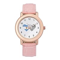 Argentina Flag and American Flag Womens Watch Round Printed Dial Pink Leather Band Fashion Wrist Watches, 202312282