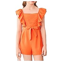 WDIRARA Girl's Square Neck Pleated Ruffle Trim Cap Sleeve Belted Romper Jumpsuits Shorts