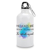 Personalized Travel Bottles 14oz He Leads Me Beside Still Waters He Restoreth My Soul Aluminum Bike Water Bottle Leakproof Picnics Bottles With Hanging Buckle For Bike Adventure Gym, White