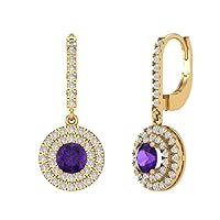 2.04ct Brilliant Round Cut Halo Drop Dangle Natural Amethyst Solid 18k Yellow Gold Earrings Lever Back