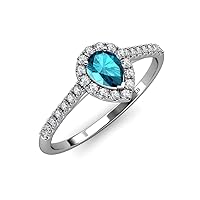 Pear Cut (7x5 mm) London Blue Topaz and Diamond 1.17 ctw Women Halo Engagement Ring 14K Gold