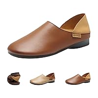 Women's Leather Mules Low Heel Flats,Comfort Round Closed Toe Soft Sole Walking Slip On Loafers Casual Dress Pumps
