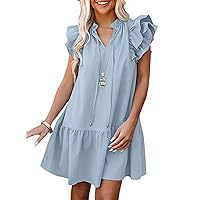 Dokotoo Womens 2024 Summer V-Neck Drawstring Ruffle Cap Short Sleeve Side Pockets Mini Dress Sundress