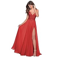 Women's Spaghetti Straps Prom Dresses with Slit Long Lace Appliques V-Neck Chiffon Formal Evening Party Gown