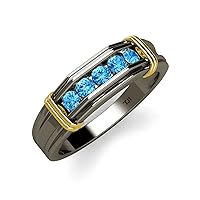 Round Blue Topaz 1/2 ctw 5 Stone Men Wedding Ring in Black Rhodium Plated 14K Gold