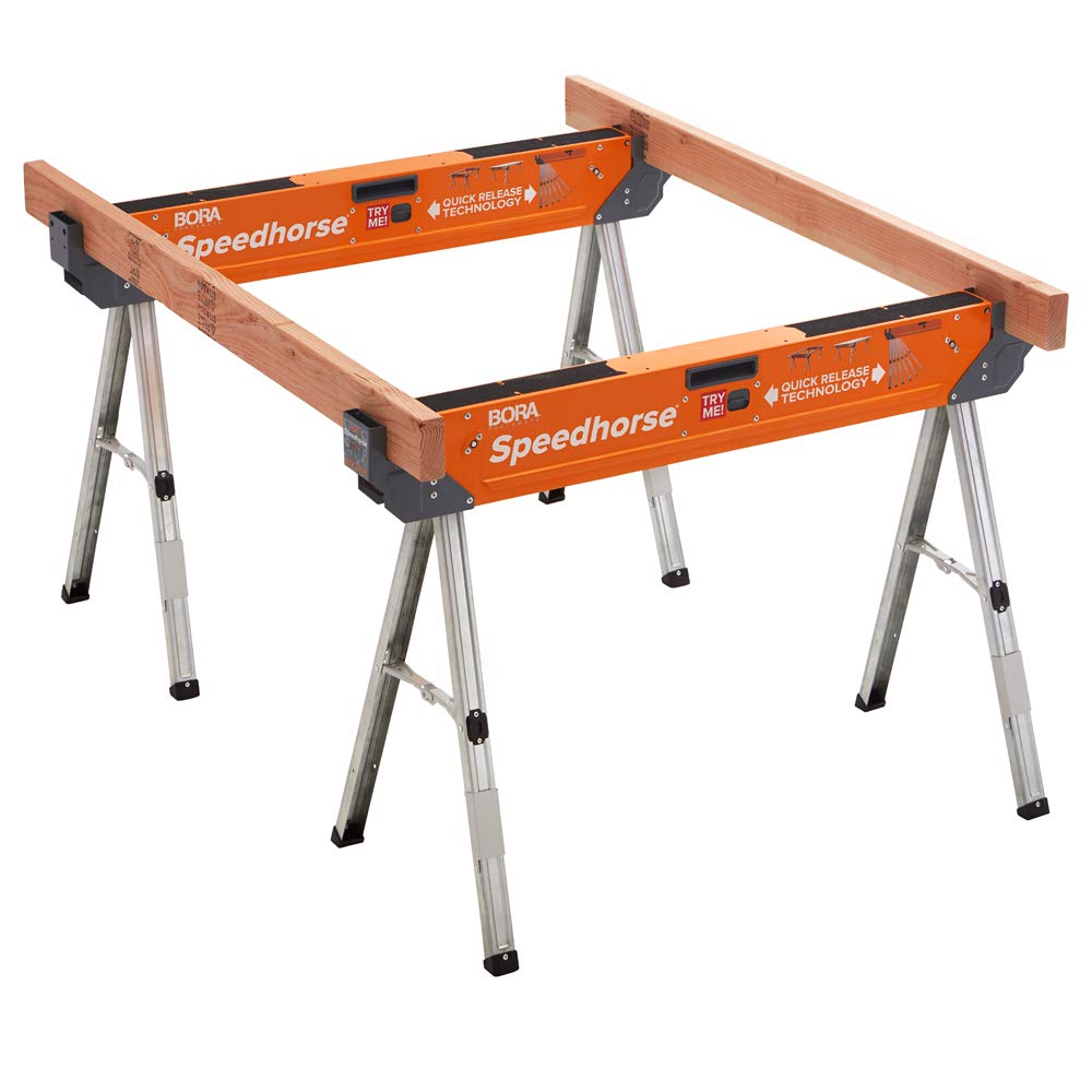 Bora Portamate Speedhorse Sawhorse Pair– Two Pack, Table Stand with Folding Legs, Metal Top for 2x4, Heavy Duty Pro Bench Saw Horse for Woodworking, Carpenters, Contractors, PM-4500T,Orange