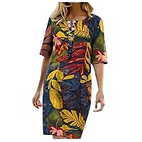 Flowy Dresses for Women Formal Off Shoulder,Short Sleeve Dress Women's Printed Cotton Casual V-Neck Floral Loos