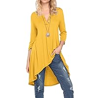 Naggoo Women's 3/4 Sleeve Button V Neck High Low Loose Fit Casual Long Tunic Tops Tee Shirts S-3XL
