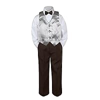 4pc Baby Toddler Boy Teen Classic Suit Brown Pants Shirt Vest Bow tie Set SM-4T
