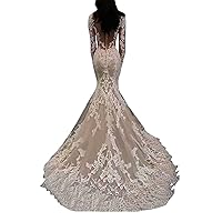 Illusion Long Sleeves Lace Sequins Mermaid Wedding Dresses for Bride with Train Elegant Bridal Ball Gowns