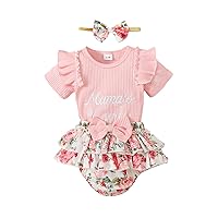 Tsnbre Newborn Infant Baby Girl Clothes Mamas Girl 3PC Summer Outfit Set Ruffle Short Sleeve Romper Floral Shorts Headband