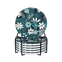 Ceramic Coasters Set of 6 Drink Coasters with Metal Holder Teal Grey and White Floral Ceramic Coaster for Drink Tabletop Protection Cup Mat for Bar Decorate Cup pad for Coffee Table Kitchen
