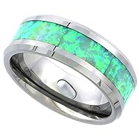 Sabrina Silver Tungsten Carbide 8 mm Flat Wedding Band Ring Green Lab Opal Inlay Beveled Edges, Sizes 9 to 13.5