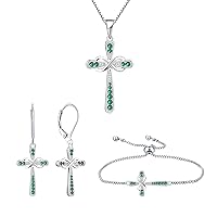 YL Women's Cross Pendant Necklace 925 Sterling Silver Infinity Drop Earrings Created Emerald Bracelet Jewelry Set