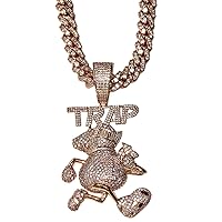 Trap Money Bag Iced Miami Cuban Chain Necklace Choker Chain 12mm 20 inches long, 14k Rose Gold Finish Cuban Choker, Pendant, Trap Charm, Iced Chain Pendant Necklace