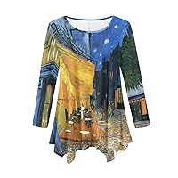 Women's Van Gogh Art Print Long Sleeve Tunic Shirts Casual Asymmetrical Hem Blouses Tops
