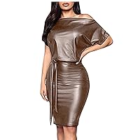 Women's Country Concert Outfits Fashion Dress Elastic Leather One Neck Belt Dress Western Clothes