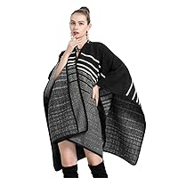 Women Long Split Striped Streetwear Cloak Loose Poncho Coat Winter Thick Knitted Blanket Batwing Sleeve Capes