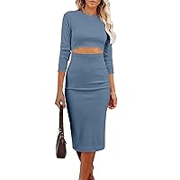 PRETTYGARDEN Women's Long Sleeve Midi Bodycon Dresses Casual Crewneck Cut Out Ribbed Knit Fitted Pencil Dress