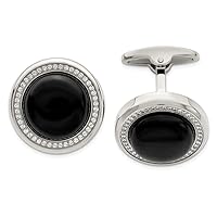 Stainless Steel Polished With Cubic Zirconia and Simulated Onyx Circle Cuff Links Measures 20mm Wide Jewelry Gifts for Men