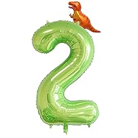 40 Inch Green Number 2 & Mini Dinosaur Balloon for Boys Birthday Party Decorations, 2nd Birthday Dinosaur Party Supplies Jungle Green Theme Birthday Patry Balloons Decorations