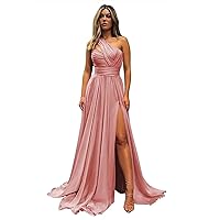 Women's One Shoulder Bridesmaid Dresses for Wedding Ruched Chiffon Long Split Formal Evening Party Gowns with Pockets