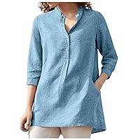 Women's 3/4 Length Sleeve Tops Loose Cotton Hemp Seven-Point Stand Up Collar Solid Color Top Tops Sleeves, S-2XL