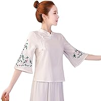Chinese Style Cheongsam Shirt Women Stand Collar Buckle Loose National Blouse Top Plus Size Embroidery Short Sleeve