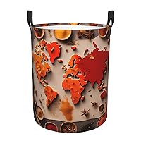 World Map Made up of Spices Round waterproof laundry basket,foldable storage basket,laundry Hampers with handle,suitable toy storage