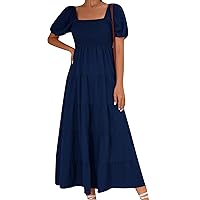 GRASWE Women's Elegant Square Neck Dresses Solid Color Puff Sleeve Dress A-line Long Dress