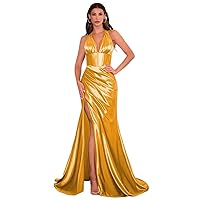 Mermaid Halter Bridesmaid Dresses Long with Slit Satin Prom Dress for Women Evening Formal Gown RG002