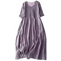 Women Pleated Front Korean Style Babydoll A-Line Dress Summer Cotton Linen Short Sleeve Casual Loose Solid Dresses