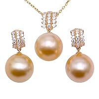 JYX Pearl 14K Gold Necklace Earrings Set AAA Quality Genuine 11.5mm Round Golden South Sea Cultured Pearl Pendant Necklace and Drop Earrings Set for Women Wedding Jewelry Gift