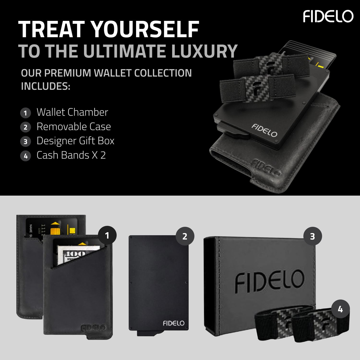Fidelo Minimalist Wallet for Men - Slim Credit Card Holder Compatible with all our Cases, RFID Blocking Wallet with Money Clip Made Of 3K Carbon Fiber And Removable Cash Band - Black Leather