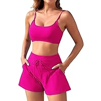Pink Queen 2 Piece Bathing Suits for Women Adjustable Strap Top Drawstring High Waisted Bikini Shorts Swimsuit with Pockets
