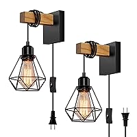 Industrial Plug in Wall Sconces Set of Two, Sconces Lighting with On/Off Switch, Rustic Indoor Vintage Bedside Cage Lighting for Stairway Bathroom Entryway Living Room Bedroom(Square Base)