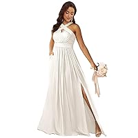 Halter Wedding Dresses with Slit Pockets Chiffon Formal Ivory Bridesmaid Dresses for Women Size 16