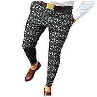 2023 Mens Dress Pants Slim Fit Business Casual Trousers Printed Suit Pants Button Formal Pants Pocket Graphic Pants