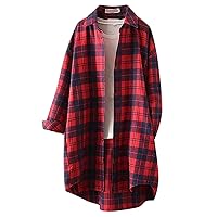 Shackets for Women Women's Overcoat Thickened Classic Button Down Plaid Long Sleeve Lapel Coat Shirts with Pockets