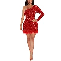 Women's Sexy Sequins One Shoulder Feather Bodycon Party Club Night Mini Dress(FY9287,Red,S)