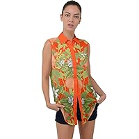 CowCow Womens Summer Hawaii Beach Tropical Fruits Pineapple Banana Strawberry Sleeveless Chiffon Button Shirt