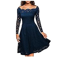 Casual Dresses for Women Casual Fasion Solid Strapless Hollow Out Lace High Waist Long Sleeve A Line Big Swing Dress