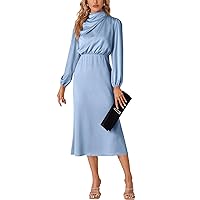 LYANER Women's Satin Long Sleeve Elastic High Waist Ruched Solid Midi Dress