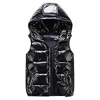 Women Metallic Hooded Cropped Puffy Vest Zip Up Shiny Lightweight Sleeveless Jacket Casual Padded Gilet with Pockets