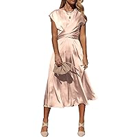 PRETTYGARDEN Women's 2024 Summer Satin Midi Dress Cap Sleeve Tie Waist Elegant A-Line Flowy Dresses