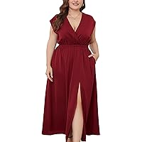 2023 Plus Size Maxi Dress for Wedding Guest Cocktail Party - Curvy Women's Flowy Dress Cap Sleeves High Waist Pockets