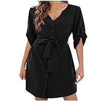 Womens Rolled Up Long Sleeve V Neck Button Down Shirt Dress with Belt Dressy Office Ladies Formal Business Casual Work Dress